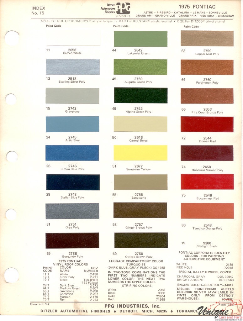 1975 Pontiac Paint Charts PPG 1